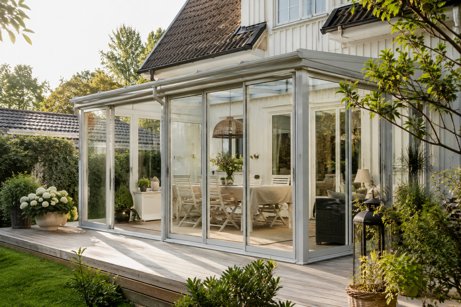 Solig veranda vid ett vitt hus