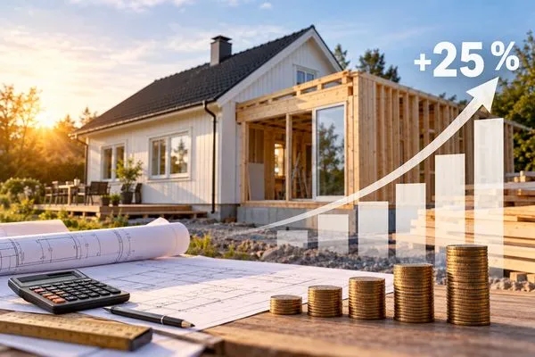 Villa med pågående tillbyggnad som illustrerar ökade byggkostnader inför 2027