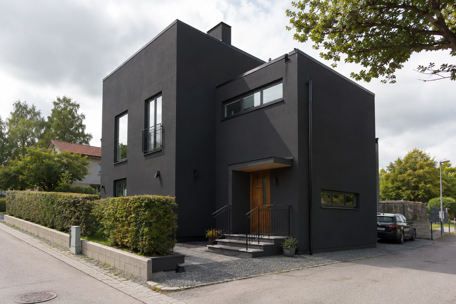 modernt hus med svart putsfasad