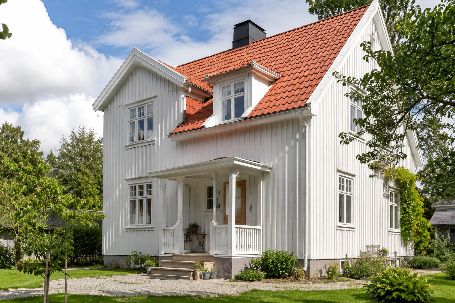 Vit villa med pärlspont